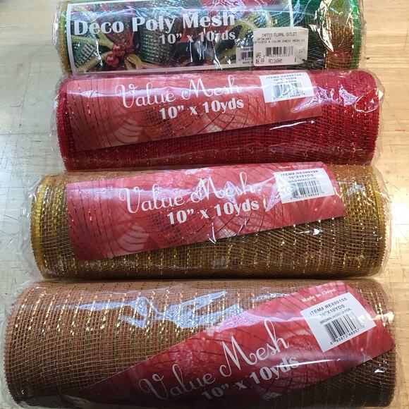 Deco Poly Mesh Lot 4 Rolls 10" x 10 Yds Red Foil Brown Foil Striped Foil - Picture 1 of 11